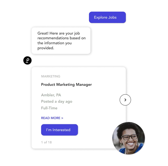 Example of a job seeker engaging with a chatbot asking about available jobs with a populated job listing 