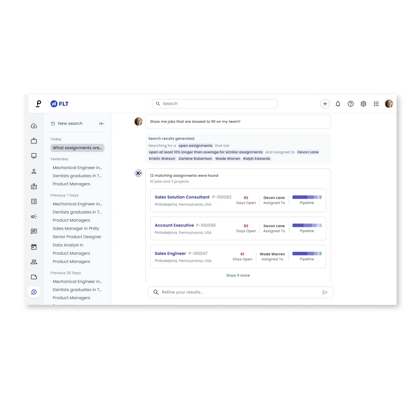Phenom Recommendations interface showing AI-suggested initiatives for talent leaders to improve hiring outcomes across frontline, professional, and leadership roles.