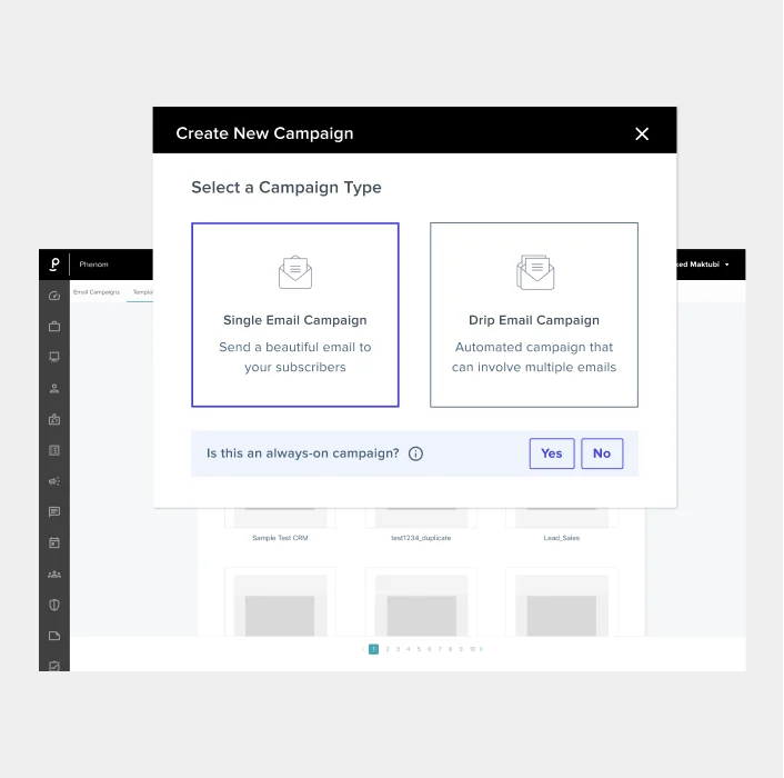 Example of marketing campaign set up choices available within Phenom's recruiter experience software