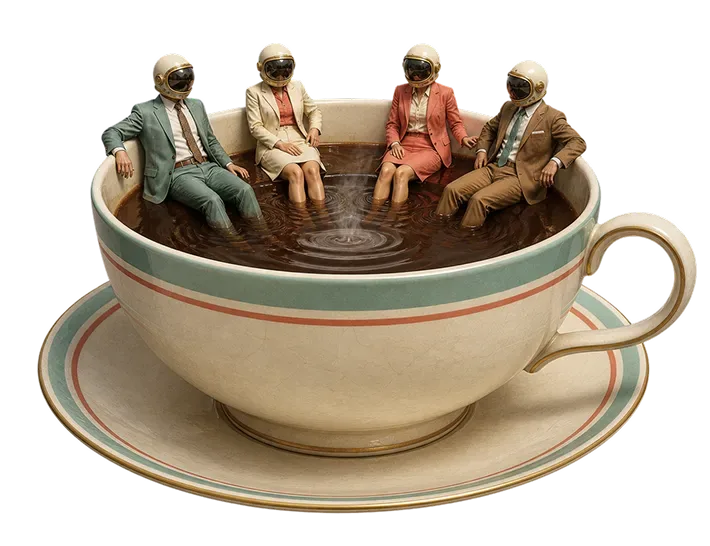 Four miniature figures wearing space helmets and business attire sitting on the rim of a vintage teacup filled with coffee.