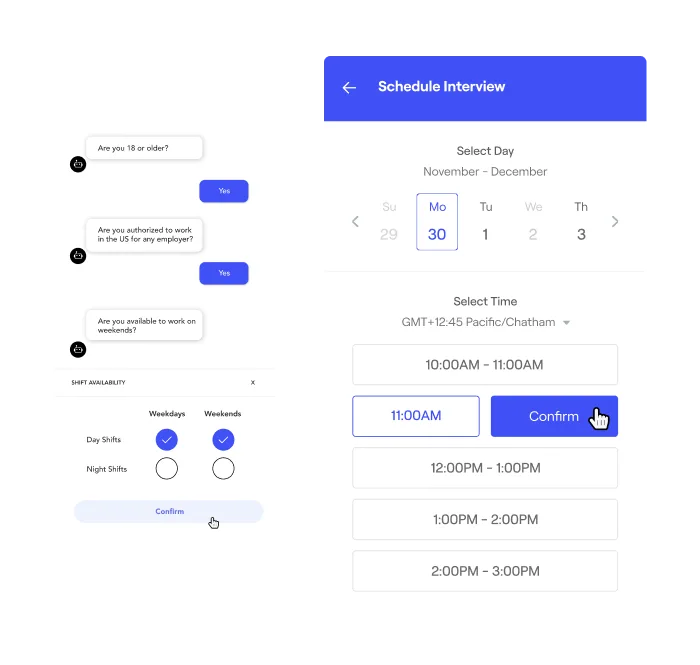 Phenom AI-powered interview scheduling interface showing calendar coordination, automated booking, and faster hiring workflows for recruiting teams