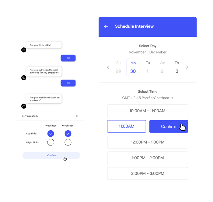 Two screengrabs of interview times and dates on a calendar through the Phenom AI Scheduling feature available within the recruiter experience software 