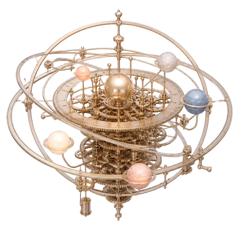 Retro-futuristic brass planetary orrery with gears and orbiting spheres
