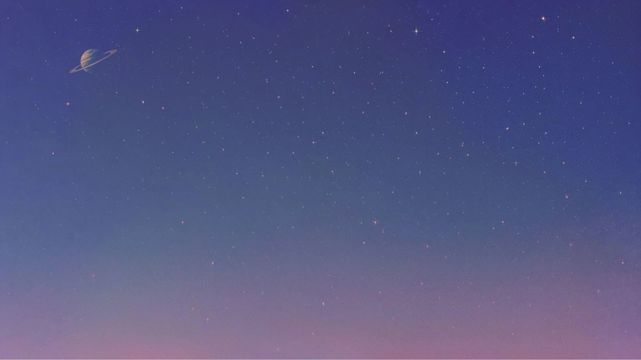 Saturn with rings visible in upper left corner against a starry twilight sky with blue and purple gradient colors.
