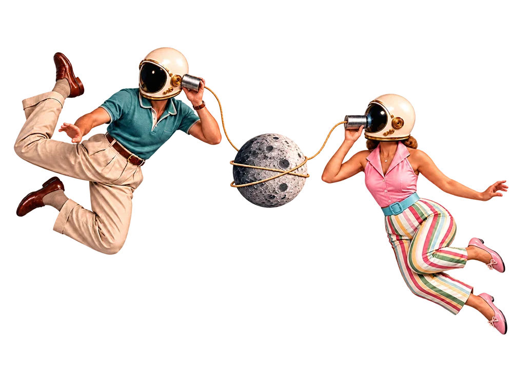 Two people in retro space helmets floating in mid-air, connected by tin can phones with a moon between them.