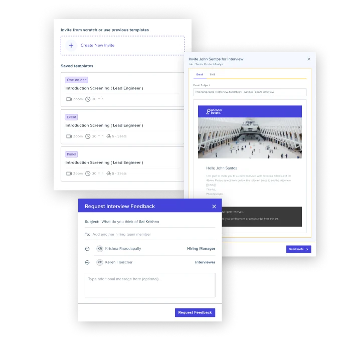 Screengrab of interview management CRM features available within Phenom's Talent Experience Management platform on a transparent background