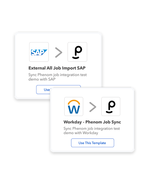 Phenom Integrations product view showing API automation, pre-built templates, and connector library for ATS, HCM, BI, performance management, job distribution, and LMS tools.