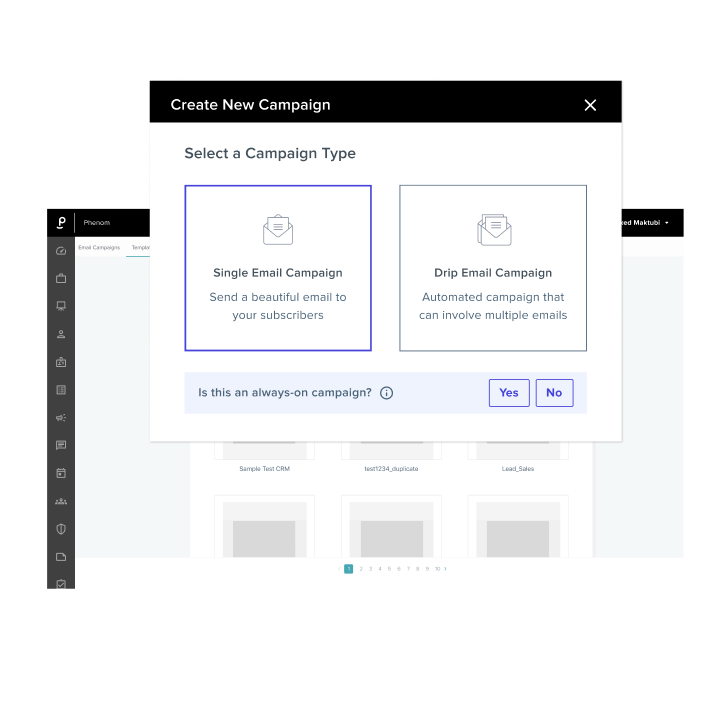 Phenom Campaigns view showing single and drip email types for recruitment marketing nurture.
