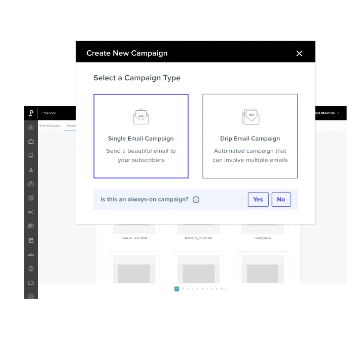 Phenom Campaigns view showing single and drip email types for recruitment marketing nurture.