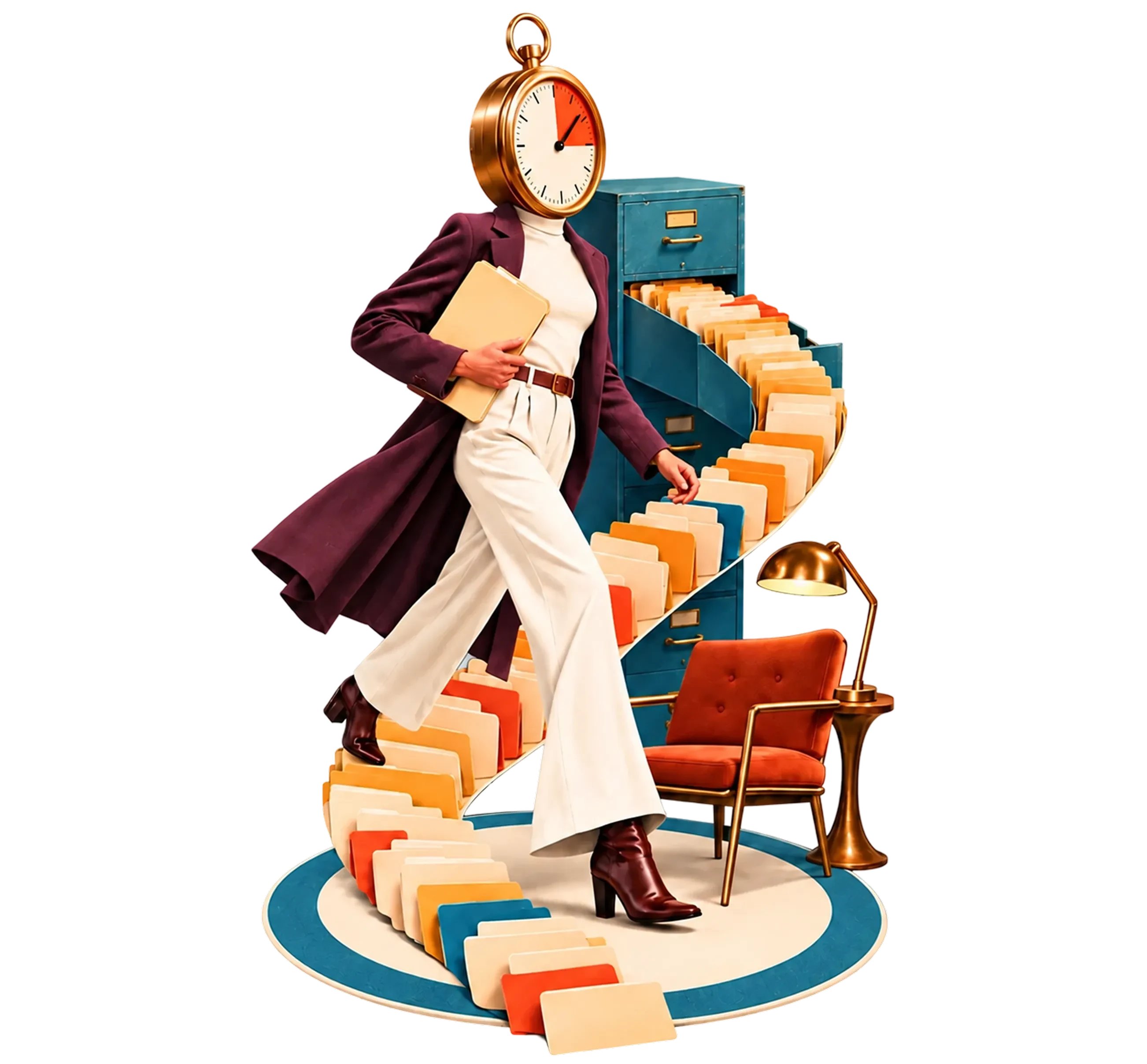 Business person with clock head walking on spiral of file folders with filing cabinet and desk chair nearby