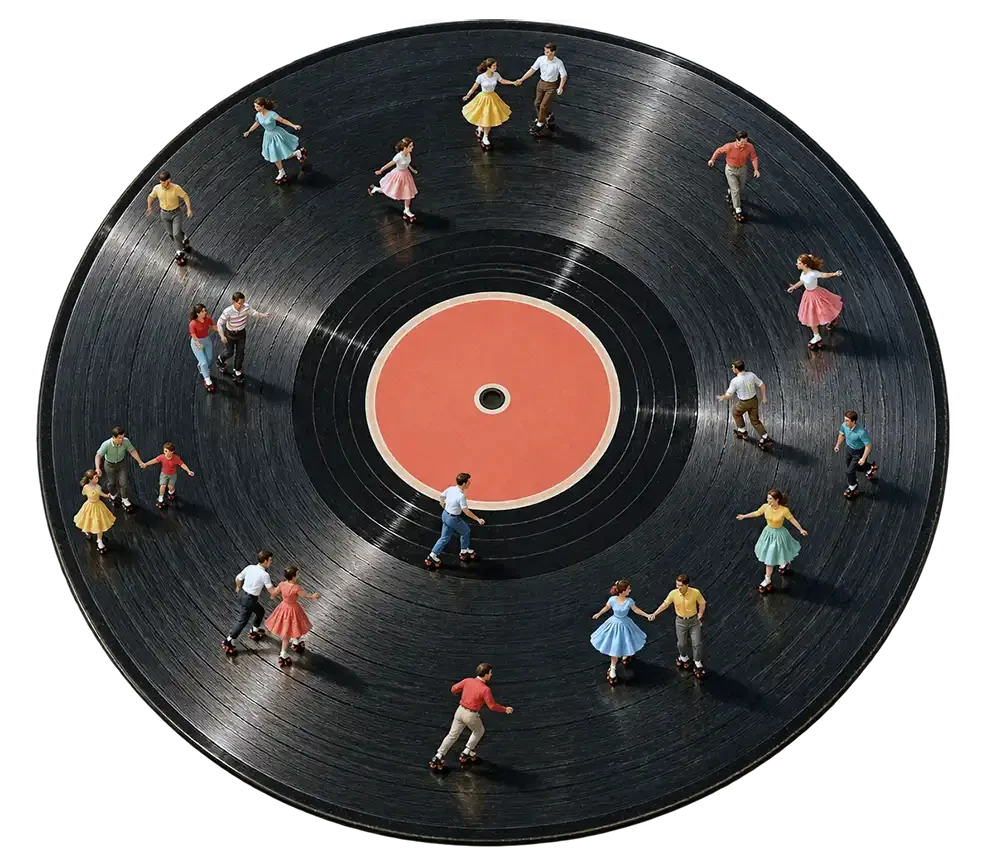 Miniature figures of roller-dancing couples in colorful 1950s attire arranged in a circle on a black vinyl record with coral label.