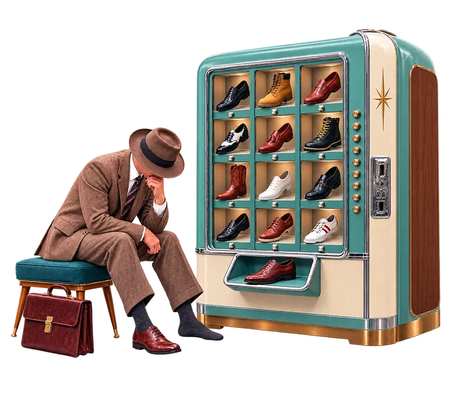 Man in brown suit and hat sitting by retro teal vending machine displaying various dress shoes with one shoe dispensed