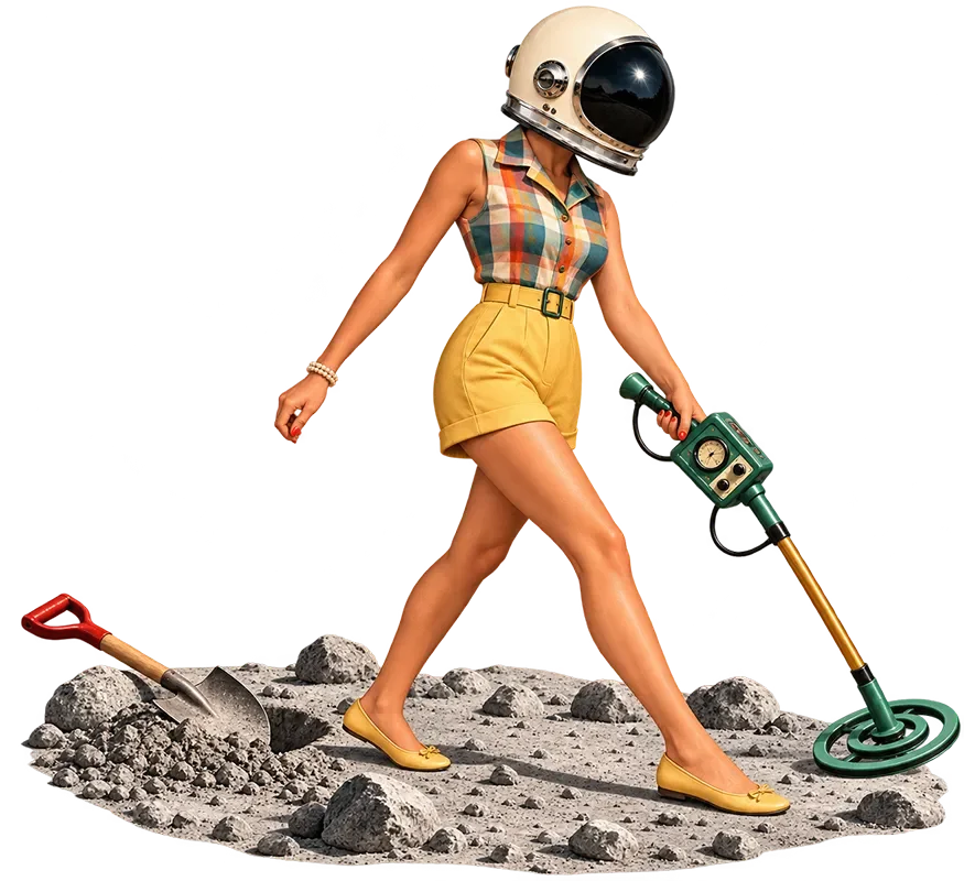 Woman in vintage space helmet, plaid top, and yellow shorts walks on rocky terrain holding a metal detector and shovel.