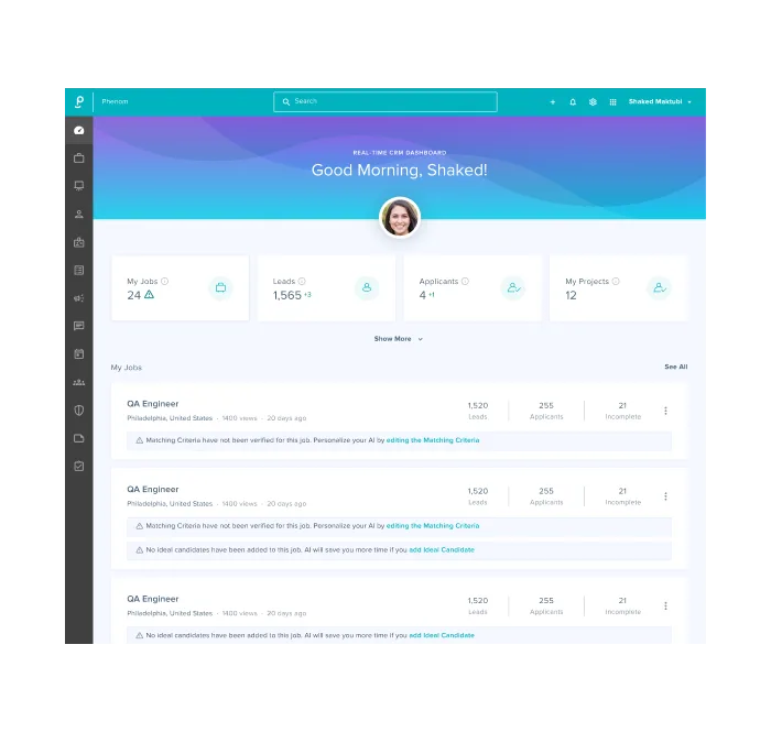 Screengrab of the Phenom Talent CRM interface showing pipeline management, AI fit scoring, and dynamic talent lists within the recruiter experience platform