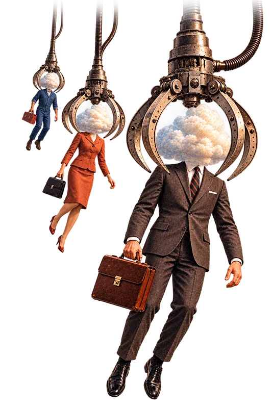 Three business people with cloud-filled glass spheres for heads, suspended by steampunk mechanical claws, holding briefcases.