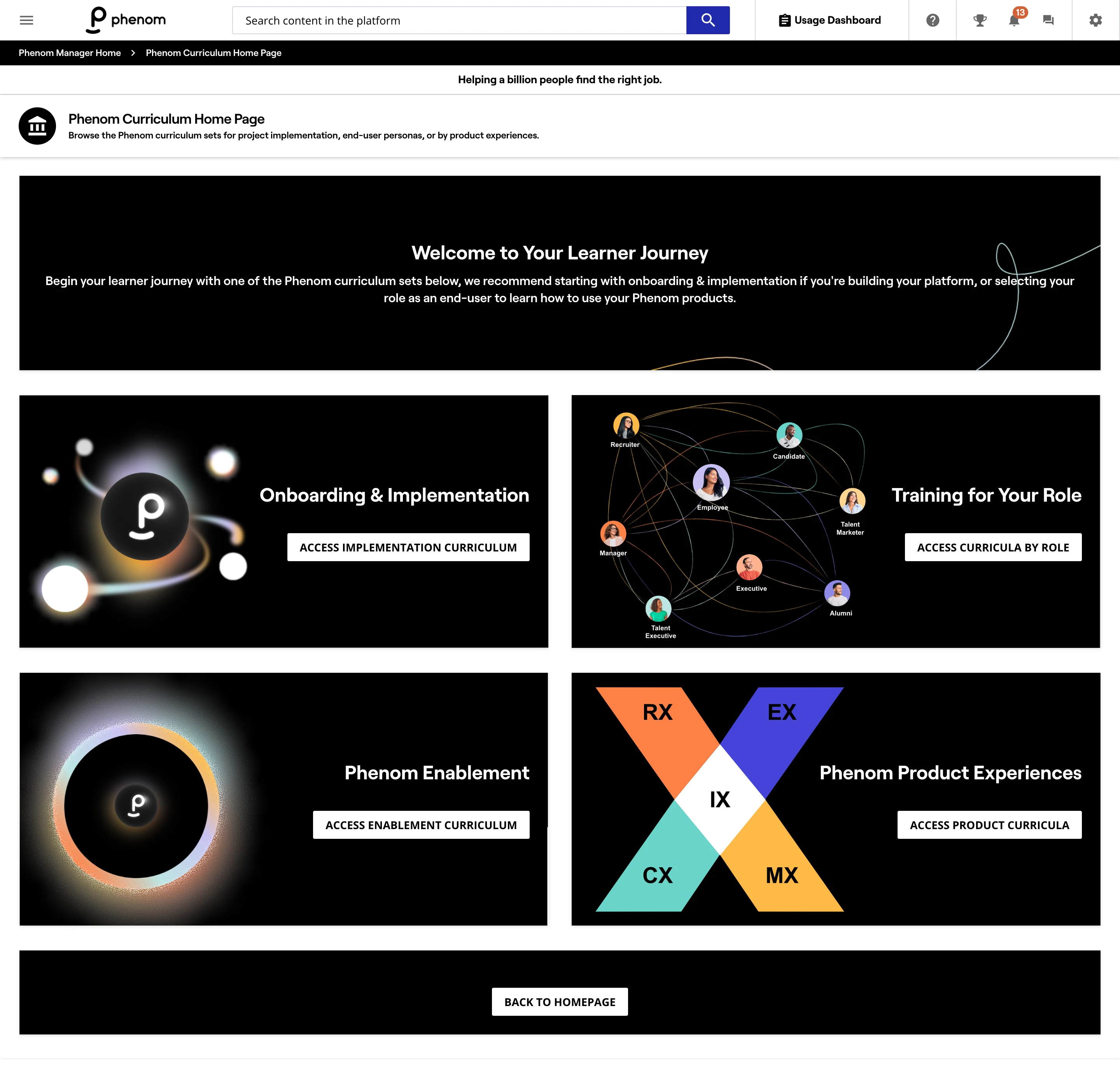 A snapshot into the user's self-service learner journey.