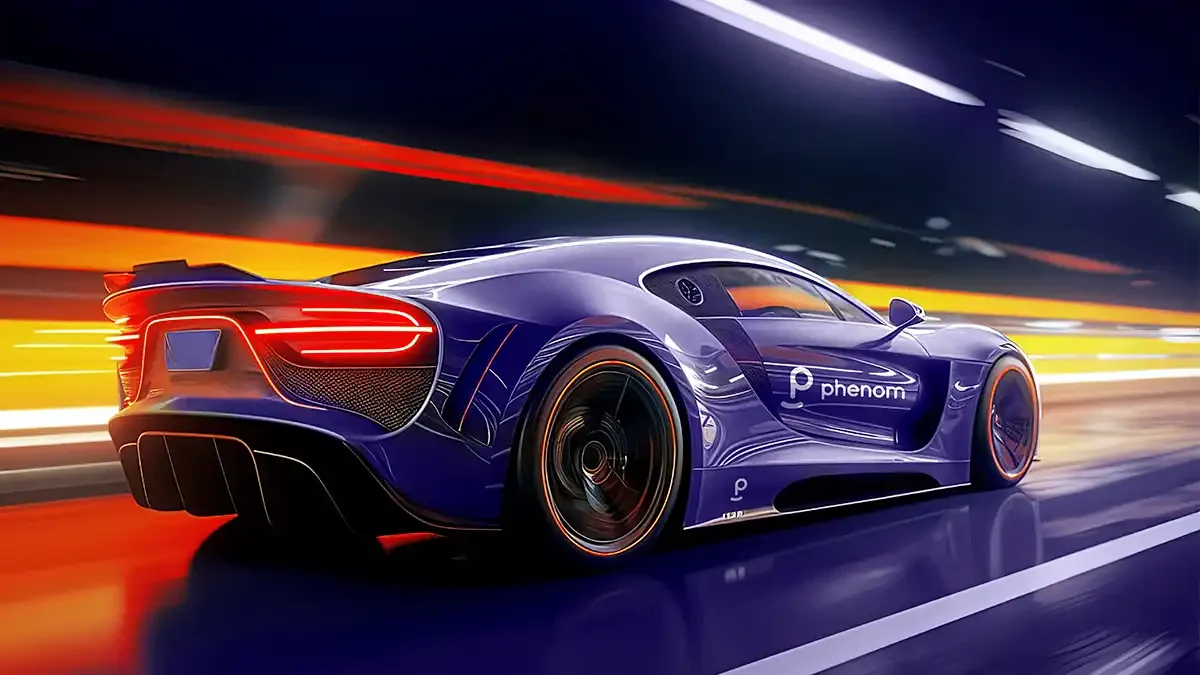 A futuristic Phenom-branded sports car symbolizing how skill ontologies and skills intelligence accelerate talent matching, workforce planning, and skills-based hiring.