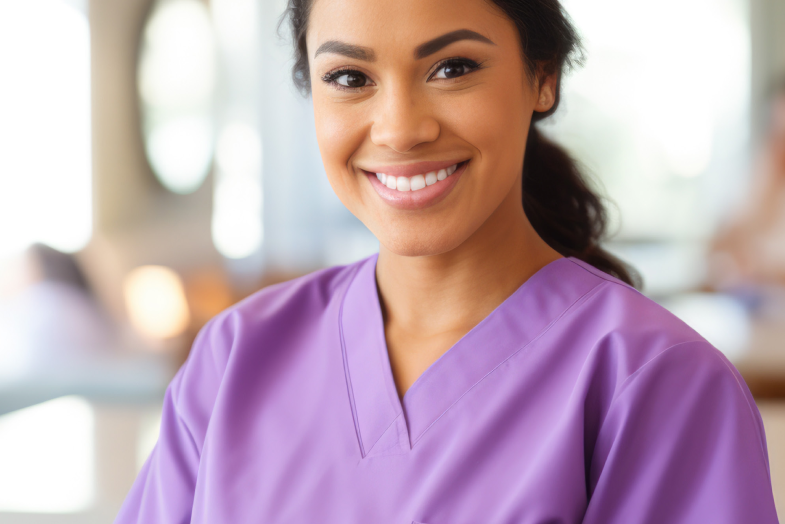 Woman dressed in purple scrubs smiling