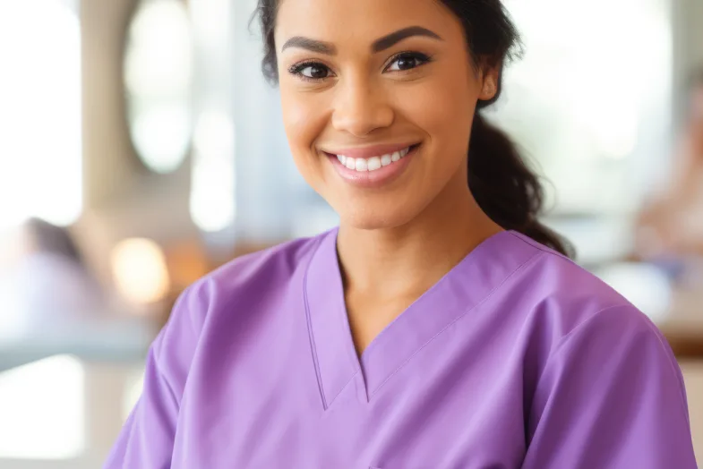 Woman dressed in purple scrubs smiling
