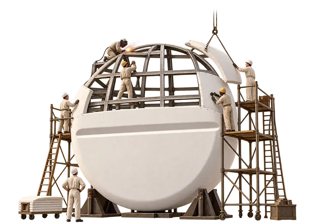 Miniature workers on scaffolding assembling a large white spherical structure with metal framework visible.