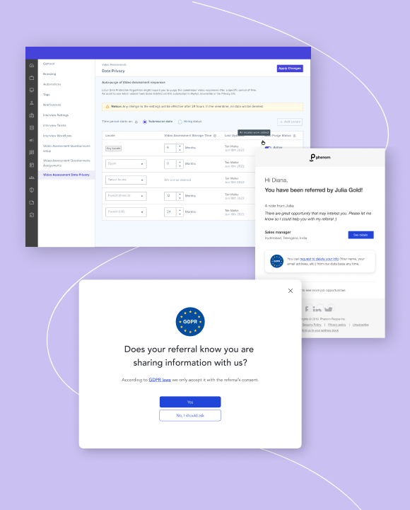 Phenom HRIT Experience privacy and security panel showing data transparency controls, compliance status, and integration permissions for HR data.