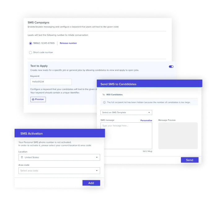 Examples of SMS text messaging and keyword campaigns within Phenom recruiter experience to reach candidates in real-time