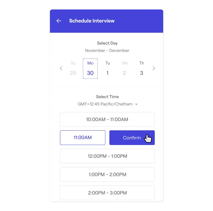 Example of AI powered interview scheduling within Phenom's recruiter experience platform on a transparent background