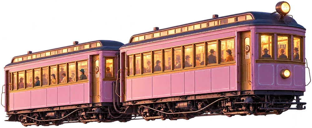 Vintage pink and purple electric trolley car with illuminated windows and passengers inside, isolated on white.