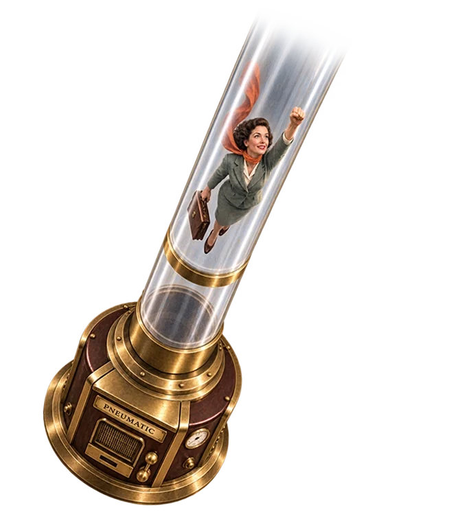 Businesswoman in gray suit traveling through transparent pneumatic tube with brass base and controls, fist raised upward.