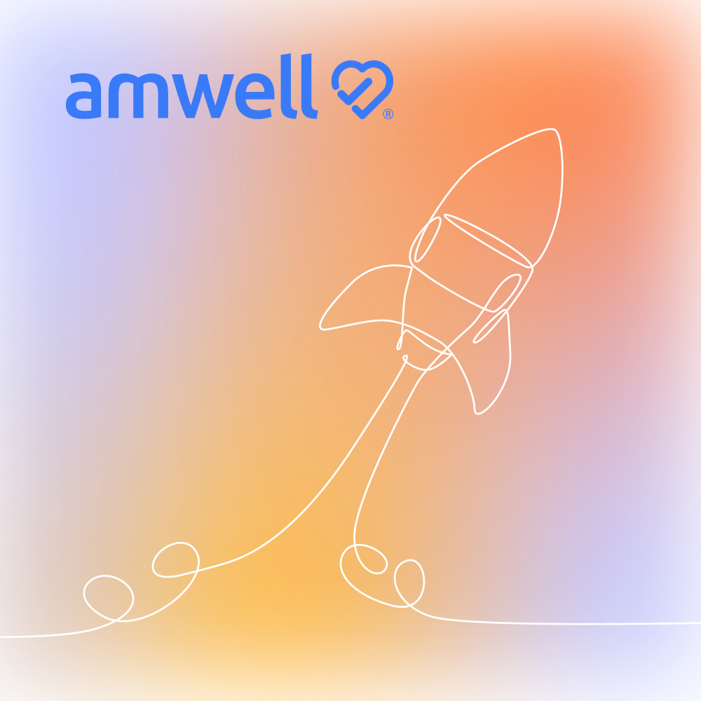 White thread outline of rocket ship launching on gradient background