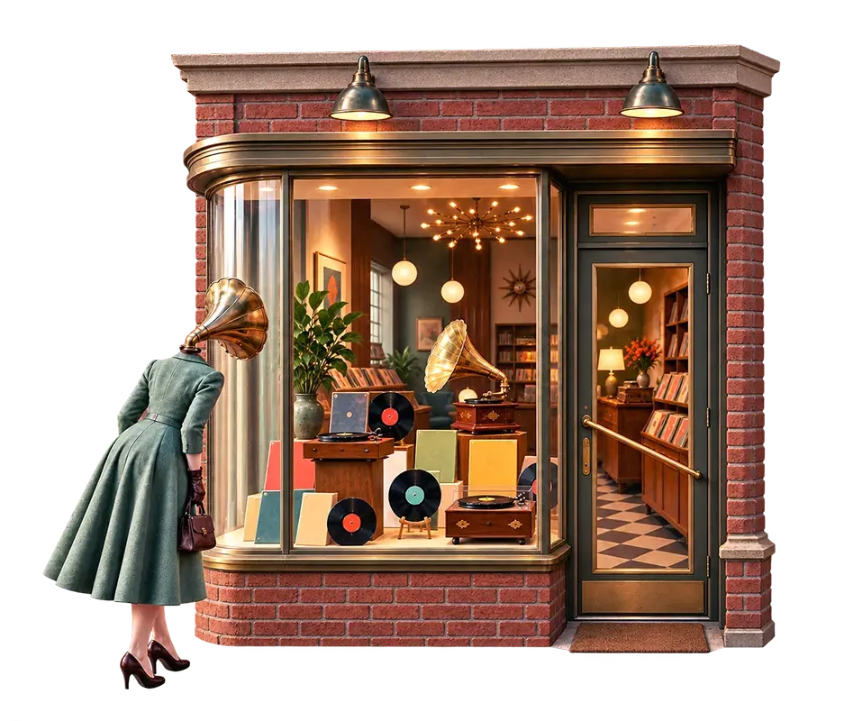 Woman in vintage dress views a record shop window displaying gramophones and vinyl records in a brick storefront.
