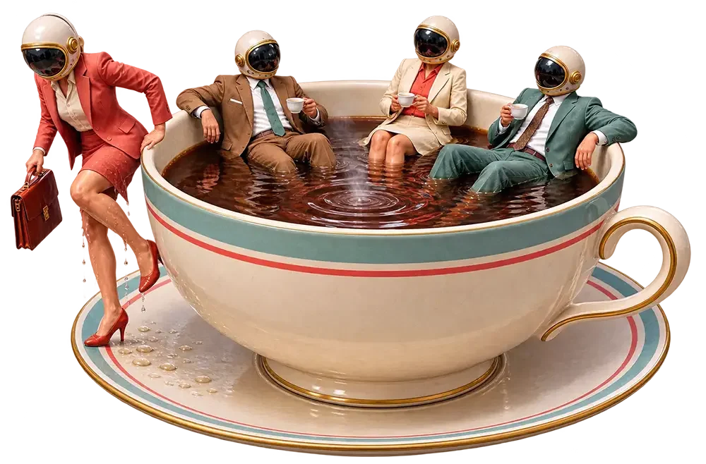 Four people in business suits and astronaut helmets sit in a giant coffee cup filled with liquid on a saucer.