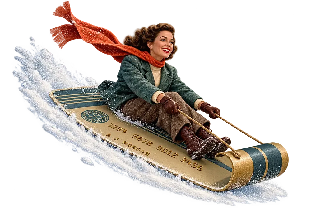 Woman in green coat and red scarf sledding down snowy hill on gold credit card sled, smiling joyfully.