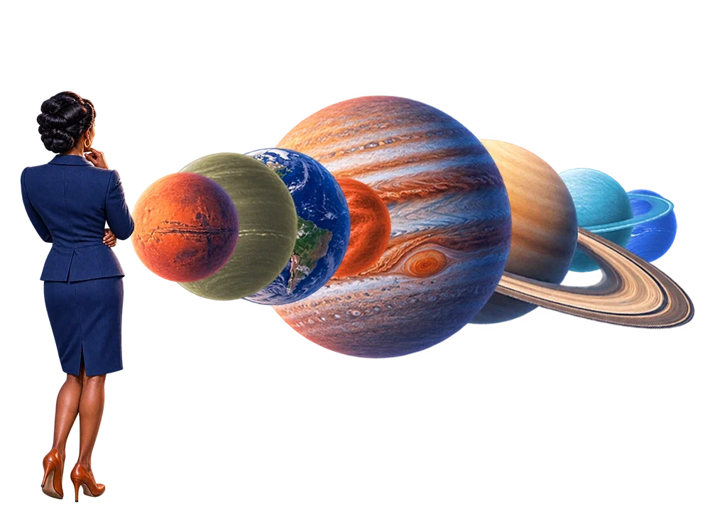 Woman in navy suit viewing aligned solar system planets including Mars, Earth, Jupiter, Saturn, and Neptune.