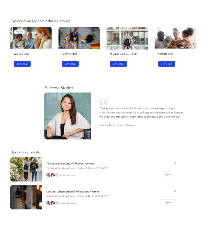 Screengrab of employee resource group features, including upcoming events, diversity and inclusion groups, and success stories 