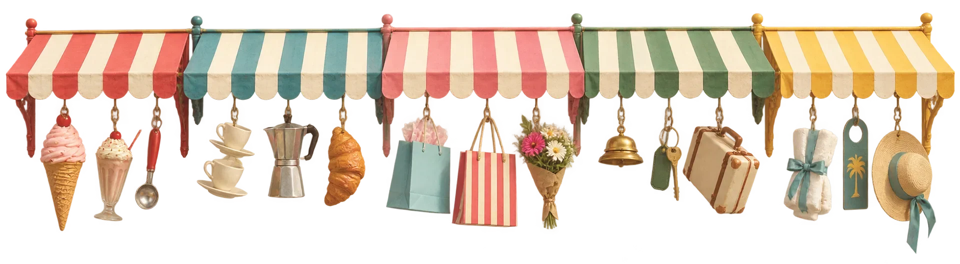 Colorful striped awnings in red, teal, pink, green, and yellow with hanging items including ice cream, coffee, croissant, bags, flowers, bell, and hat.