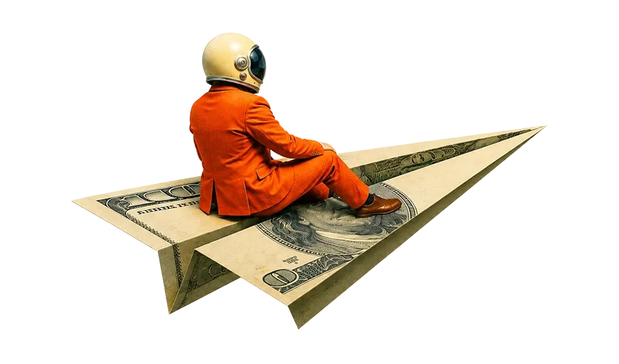 Person in orange suit and gold helmet riding a paper airplane made from a dollar bill on white background.