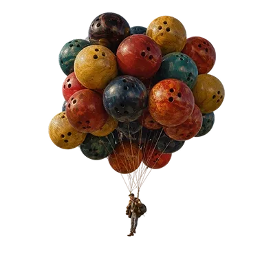 Person floating with colorful vintage bowling balls as balloons against white background