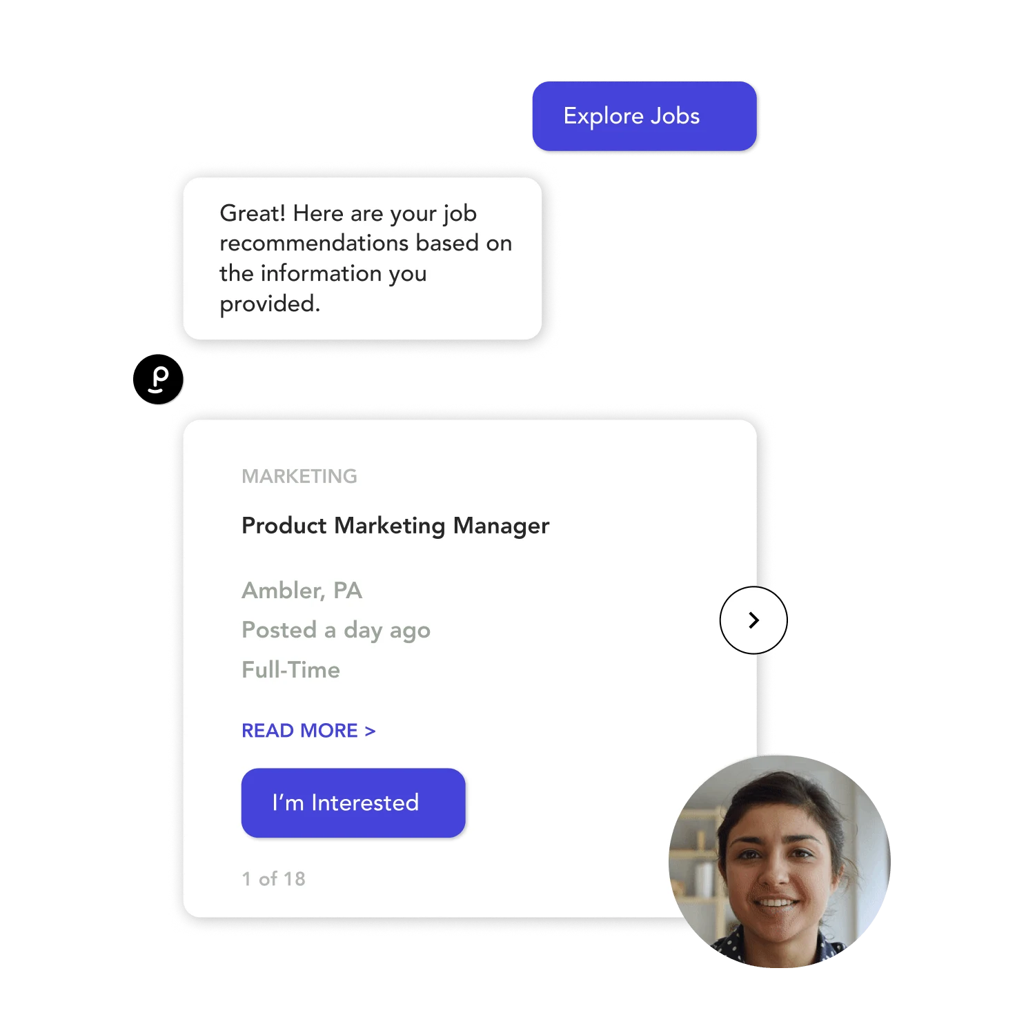 Phenom chatbot recommending jobs to a candidate after a conversational exchange.