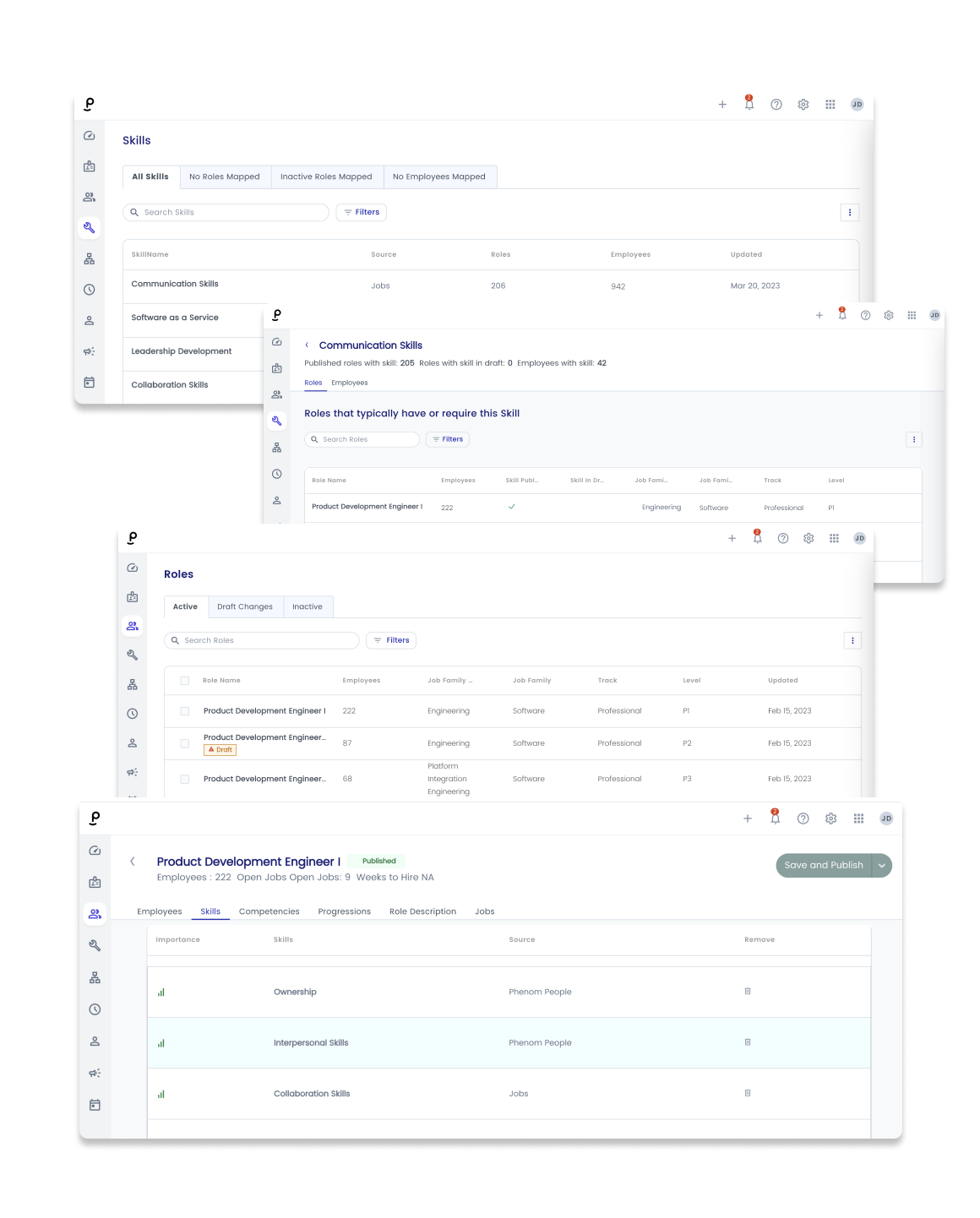 Phenom Workforce Intelligence views showing skills inventory, role mapping, and competency assignment.