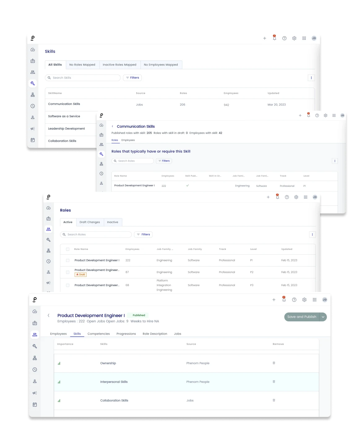 Phenom Workforce Intelligence views showing skills inventory, role mapping, and competency assignment.