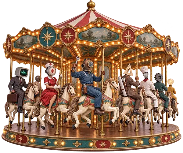 Ornate vintage carousel with illuminated lights, decorative panels, and figures riding painted horses on a circular platform.