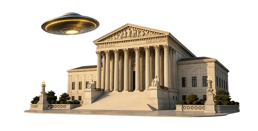 A metallic UFO with glowing lights hovers above the U.S. Supreme Court building against a white background.