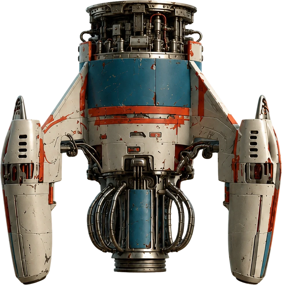 Vintage space capsule with blue and white panels, orange trim, exposed mechanical components, and side boosters.