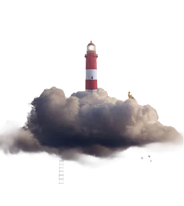 Red and white striped lighthouse standing on a dark cloud with a ladder hanging below and birds flying nearby.