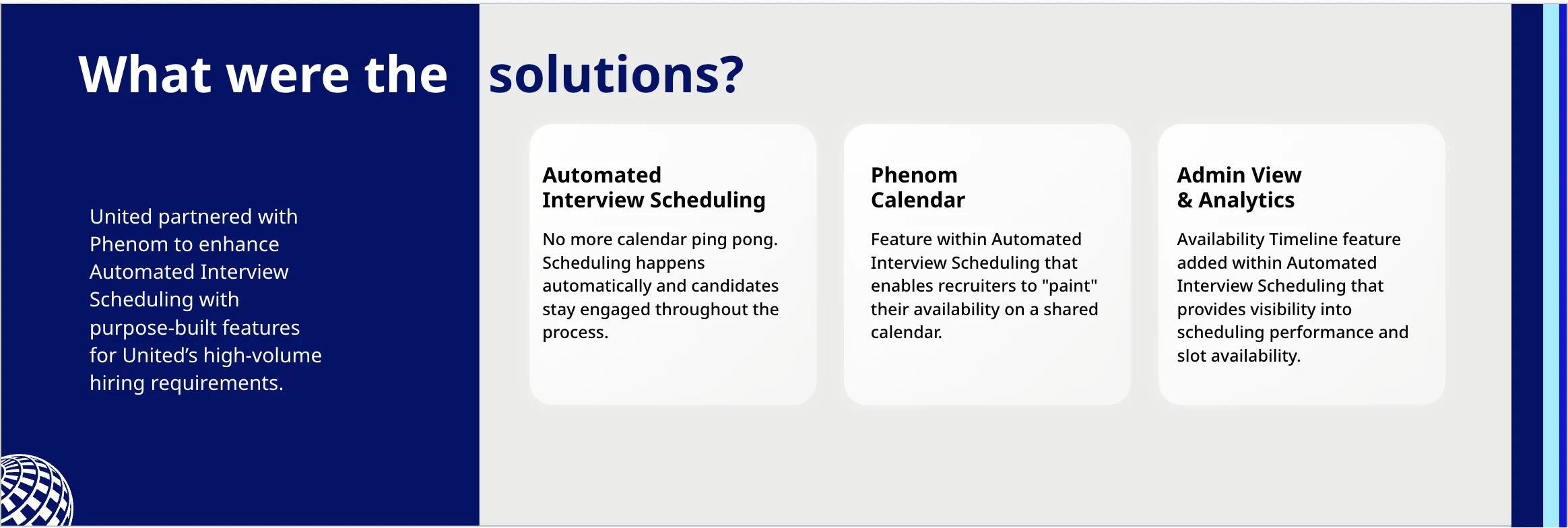 United partnered with Phenom to streamline high-volume hiring via Automated Interview Scheduling for recruiter availability and scheduling performance insights.