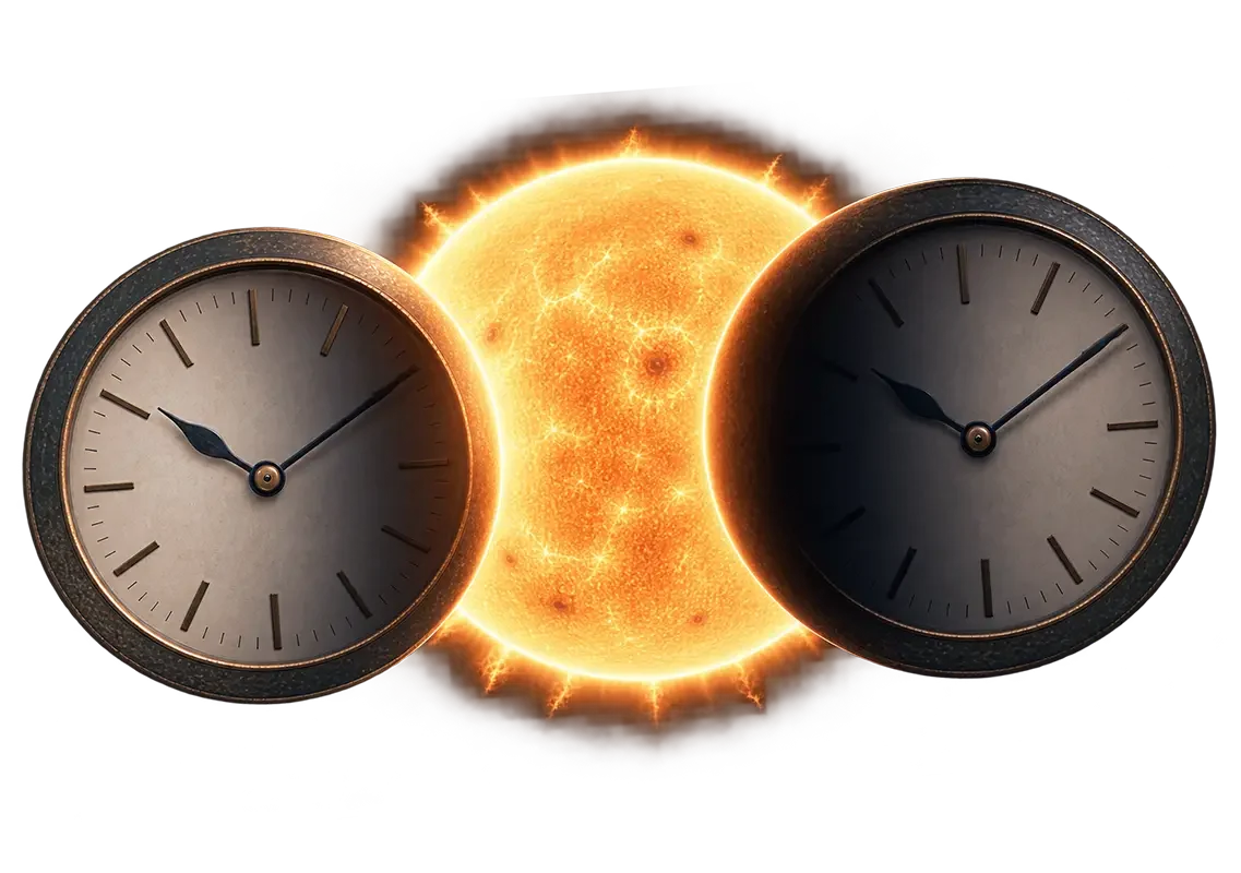 Two analog clocks with dark frames positioned on either side of a bright, glowing sun with solar flares on white background.