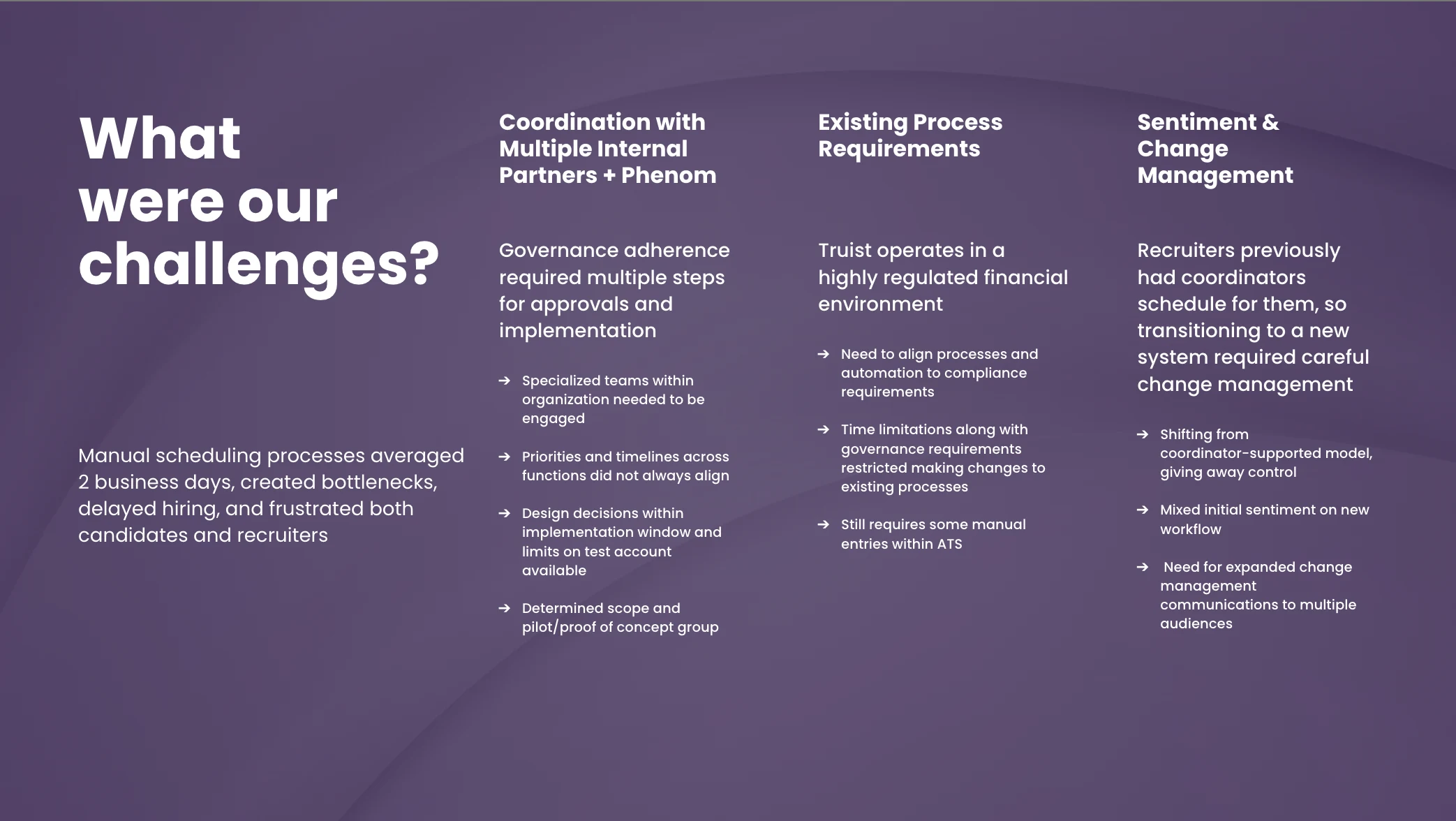 Implementing Phenom Interview Scheduling at Truist required sign-off from IT, Legal, Privacy, Corporate Communications, and a dedicated internal Microsoft Office team.
