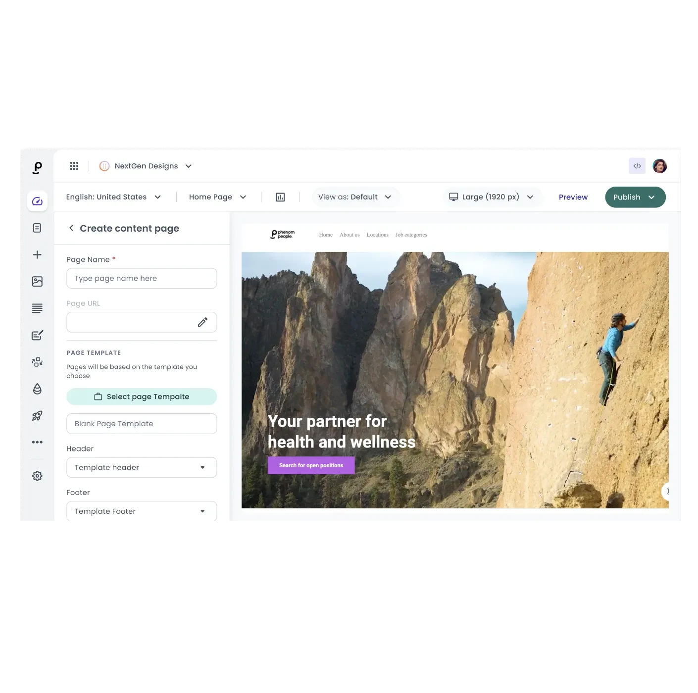 Phenom Design Studio CMS interface for creating, editing, and publishing personalized career site content with AI assistance.