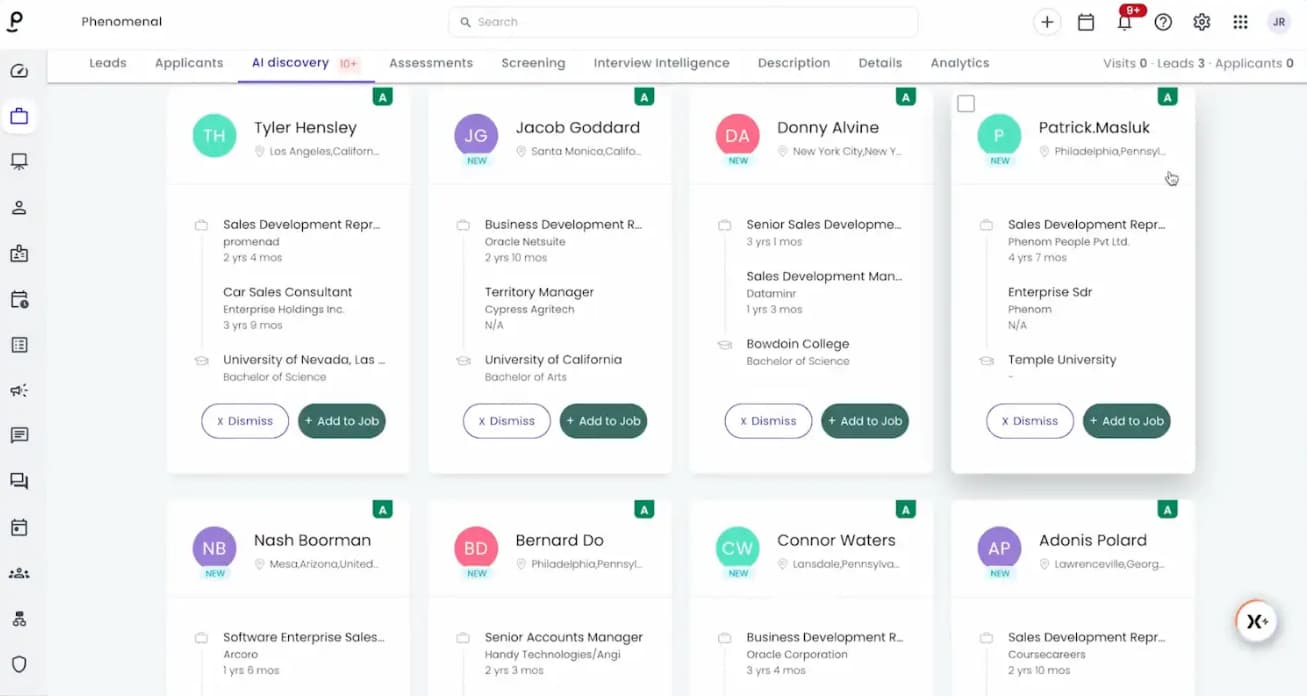 Phenom talent CRM AI discovery view showing candidate cards with match grades and Add to Job and Dismiss buttons